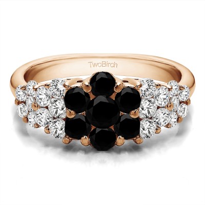 1.45 Carat Black and White Three Row Shared Prong Anniversary Ring in Rose Gold