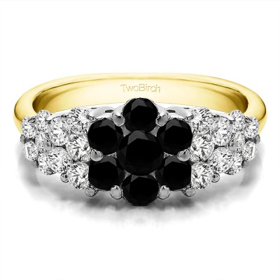1.45 Carat Black and White Three Row Shared Prong Anniversary Ring in Two Tone Gold