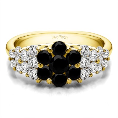 1.45 Carat Black and White Three Row Shared Prong Anniversary Ring in Yellow Gold