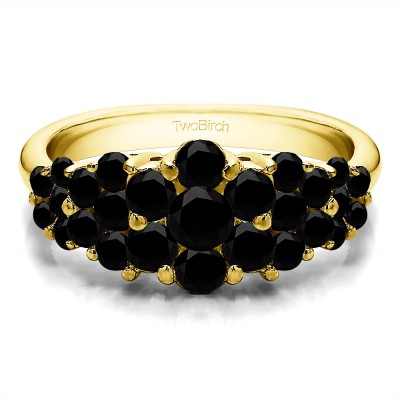1.45 Carat Black Three Row Shared Prong Anniversary Ring in Yellow Gold