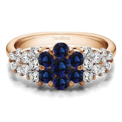 1.45 Carat Sapphire and Diamond Three Row Shared Prong Anniversary Ring in Rose Gold
