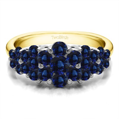 1.45 Carat Sapphire Three Row Shared Prong Anniversary Ring in Two Tone Gold
