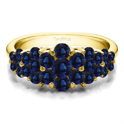 1.45 Carat Sapphire Three Row Shared Prong Anniversary Ring in Yellow Gold