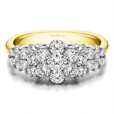 1.45 Carat Three Row Shared Prong Anniversary Ring in Two Tone Gold