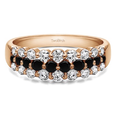 0.99 Carat Black and White Three Row Common Prong Wedding Ring in Rose Gold