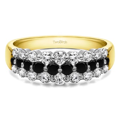 0.99 Carat Black and White Three Row Common Prong Wedding Ring in Two Tone Gold
