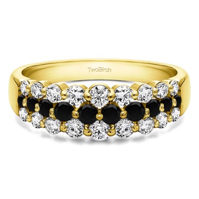 0.99 Carat Black and White Three Row Common Prong Wedding Ring in Yellow Gold