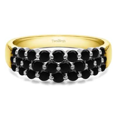 0.99 Carat Black Three Row Common Prong Wedding Ring in Two Tone Gold
