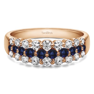 0.99 Carat Sapphire and Diamond Three Row Common Prong Wedding Ring in Rose Gold
