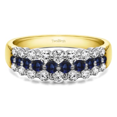 0.99 Carat Sapphire and Diamond Three Row Common Prong Wedding Ring in Two Tone Gold