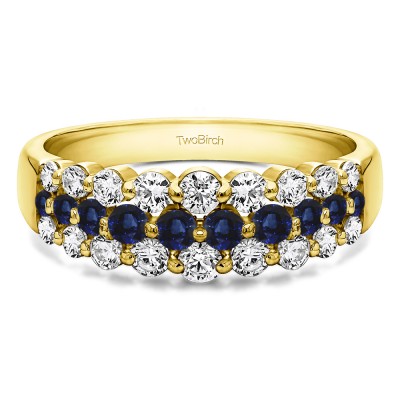 0.99 Carat Sapphire and Diamond Three Row Common Prong Wedding Ring in Yellow Gold