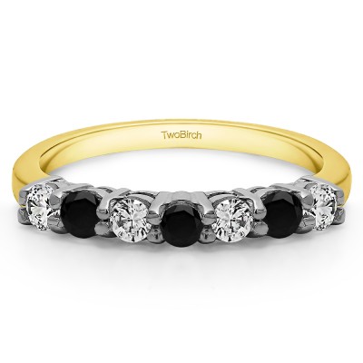 0.42 Carat Black and White 7 Stone Double Shared Prong Wedding Ring  in Two Tone Gold