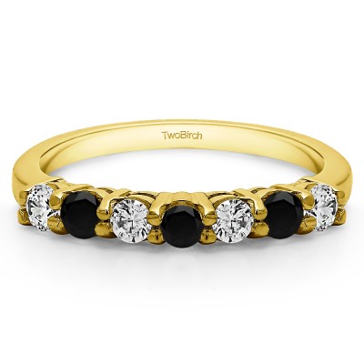 0.42 Carat Black and White 7 Stone Double Shared Prong Wedding Ring  in Yellow Gold