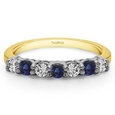 0.42 Carat Sapphire and Diamond 7 Stone Double Shared Prong Wedding Ring  in Two Tone Gold