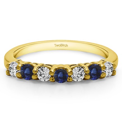0.42 Carat Sapphire and Diamond 7 Stone Double Shared Prong Wedding Ring  in Yellow Gold