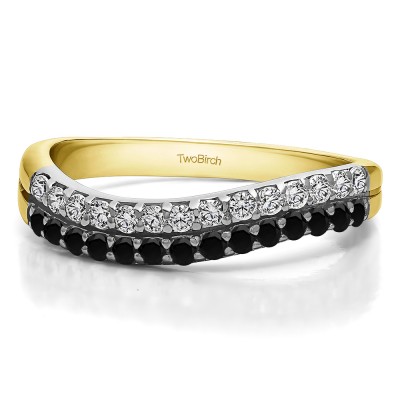 0.3 Carat Black and White Pave Set Double Row Wave Wedding Ring  in Two Tone Gold
