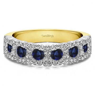 0.84 Carat Sapphire and Diamond Alternating Small and Large Round Wedding Ring    in Two Tone Gold