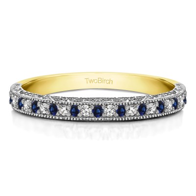 0.34 Carat Sapphire and Diamond Milgrained Pave Set Vintage Wedding Ring in Two Tone Gold