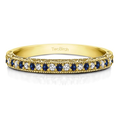 0.34 Carat Sapphire and Diamond Milgrained Pave Set Vintage Wedding Ring in Yellow Gold