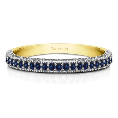 0.34 Carat Sapphire Milgrained Pave Set Vintage Wedding Ring in Two Tone Gold