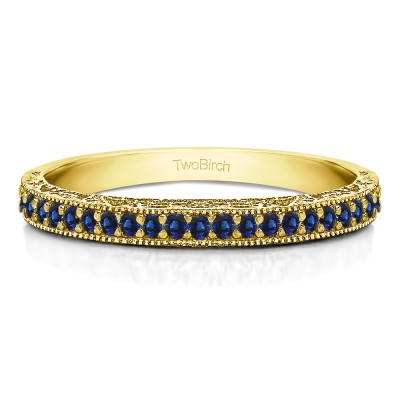 0.34 Carat Sapphire Milgrained Pave Set Vintage Wedding Ring in Yellow Gold