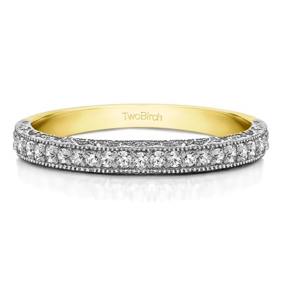 0.34 Carat Milgrained Pave Set Vintage Wedding Ring in Two Tone Gold
