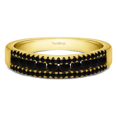 0.6 Carat Black Three Row Recessed Center Wedding Ring in Yellow Gold
