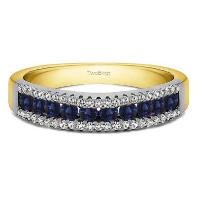 0.6 Carat Sapphire and Diamond Three Row Recessed Center Wedding Ring in Two Tone Gold