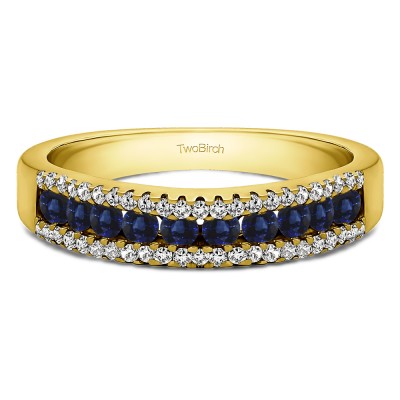 0.6 Carat Sapphire and Diamond Three Row Recessed Center Wedding Ring in Yellow Gold