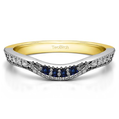 0.31 Ct. Sapphire and Diamond Knife Edge Vintage Curved Wedding Ring in Two Tone Gold