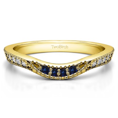 0.31 Ct. Sapphire and Diamond Knife Edge Vintage Curved Wedding Ring in Yellow Gold