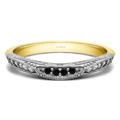 0.18 Ct. Black and White Knife Edged Vintage Filigree Curved Wedding Band in Two Tone Gold