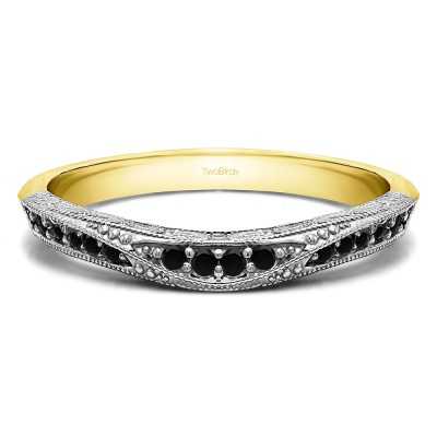 0.18 Ct. Black Knife Edged Vintage Filigree Curved Wedding Band in Two Tone Gold