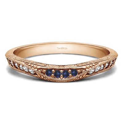 0.18 Ct. Sapphire and Diamond Knife Edged Vintage Filigree Curved Wedding Band in Rose Gold