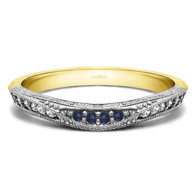 0.18 Ct. Sapphire and Diamond Knife Edged Vintage Filigree Curved Wedding Band in Two Tone Gold