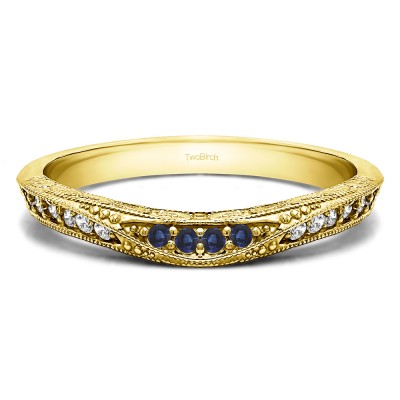 0.18 Ct. Sapphire and Diamond Knife Edged Vintage Filigree Curved Wedding Band in Yellow Gold