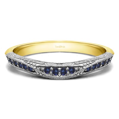 0.18 Ct. Sapphire Knife Edged Vintage Filigree Curved Wedding Band in Two Tone Gold