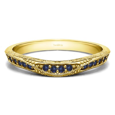 0.18 Ct. Sapphire Knife Edged Vintage Filigree Curved Wedding Band in Yellow Gold