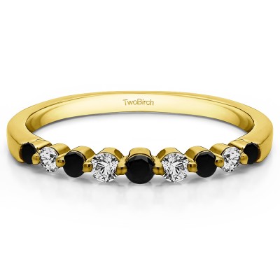 0.33 Carat Black and White Thin Shared Prong Wedding Band  in Yellow Gold