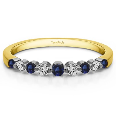 0.33 Carat Sapphire and Diamond Thin Shared Prong Wedding Band  in Two Tone Gold