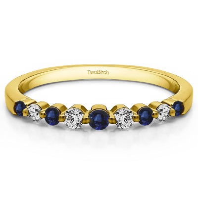 0.33 Carat Sapphire and Diamond Thin Shared Prong Wedding Band  in Yellow Gold