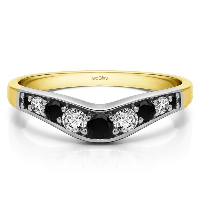0.43 Ct. Black and White Graduated Shared Prong Curved Wedding Band in Two Tone Gold