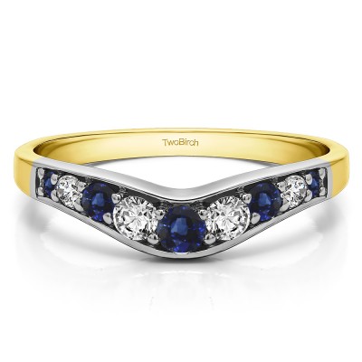 0.43 Ct. Sapphire and Diamond Graduated Shared Prong Curved Wedding Band in Two Tone Gold