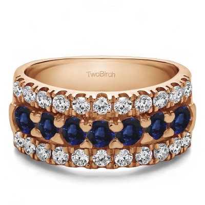 1.21 Carat Sapphire and Diamond Three Row French Cut Pave Raised Center Anniversary Ring  in Rose Gold