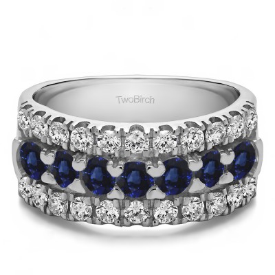 2 Carat Sapphire and Diamond Three Row French Cut Pave Raised Center Anniversary Ring