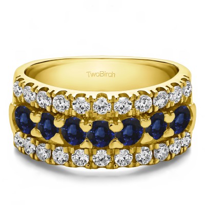 1.21 Carat Sapphire and Diamond Three Row French Cut Pave Raised Center Anniversary Ring  in Yellow Gold