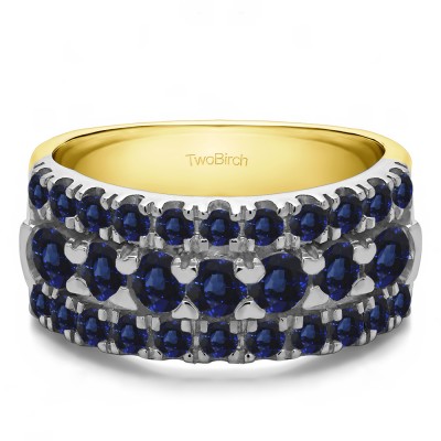 1.21 Carat Sapphire Three Row French Cut Pave Raised Center Anniversary Ring  in Two Tone Gold