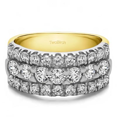 2 Carat Three Row French Cut Pave Raised Center Anniversary Ring  in Two Tone Gold