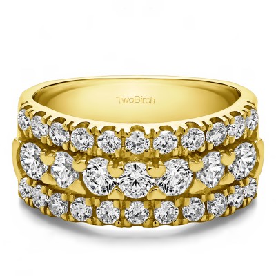 2 Carat Three Row French Cut Pave Raised Center Anniversary Ring  in Yellow Gold