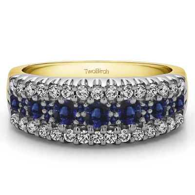 1.02 Carat Sapphire and Diamond Three Row Shared Prong Wedding Ring in Two Tone Gold